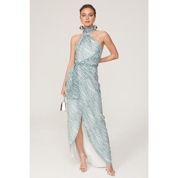 ELLE ZEITOUNE Blue Polka Dot Satin Halter Neckline Tie Waist Grace Gown Size L - Picture 1 of 16